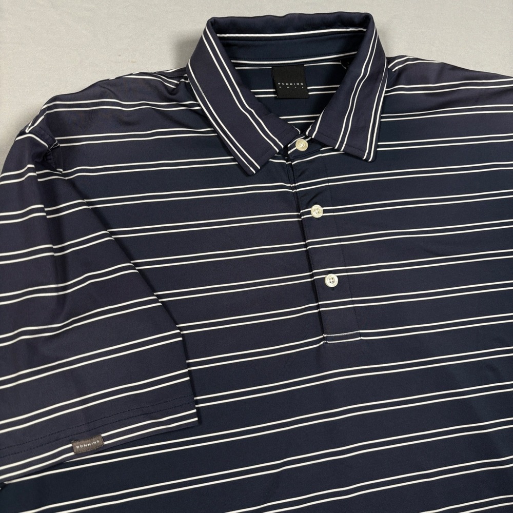 Dunning Golf Polo Shirt Mens Large Navy Blue Striped Short Sleeve Performance